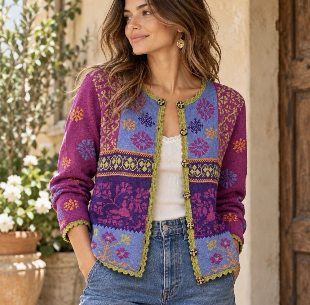 Alpaca Imports Handmade Peru Alpaca Wool Cardigan M Folk Art Floral Boho Sweater